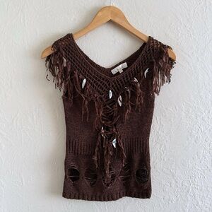 Brown Crochet Tank Top Fringe Shells Details Size S/M